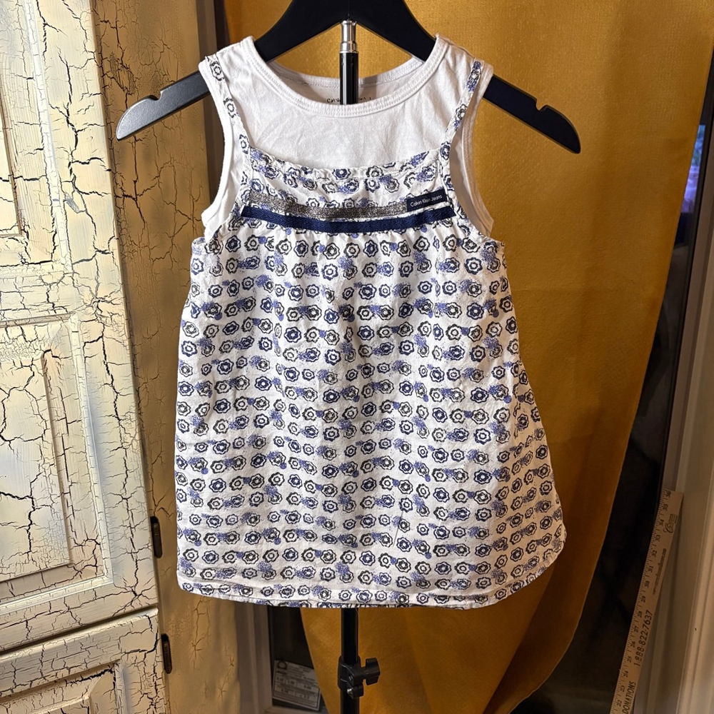 Girls Calvin Klein Jeans White Blue Floral Tank Top Dress Boho Size 6